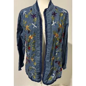 Floral Embroidered denim shirt jackets L